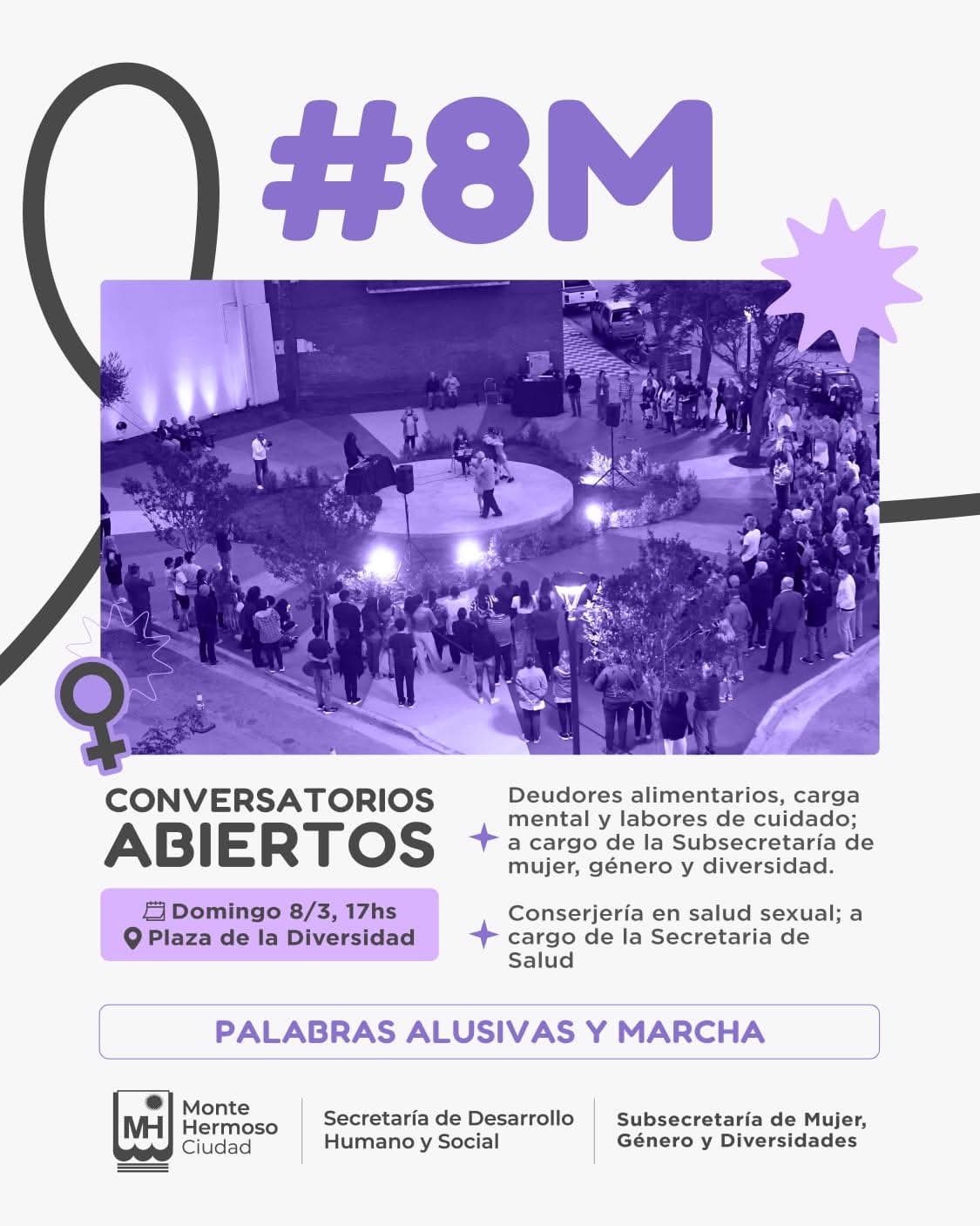 Monte Hermoso conmemora el 8M con conversatorios y marcha en la Plaza de la Diversidad
