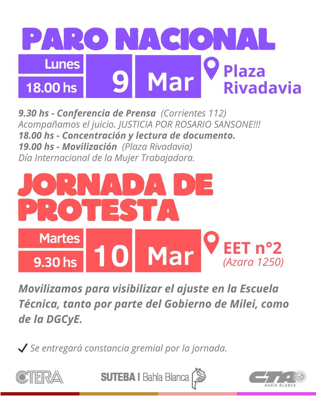 Paro y movilización por el 8M: convocan a concentrarse el lunes en Plaza Rivadavia