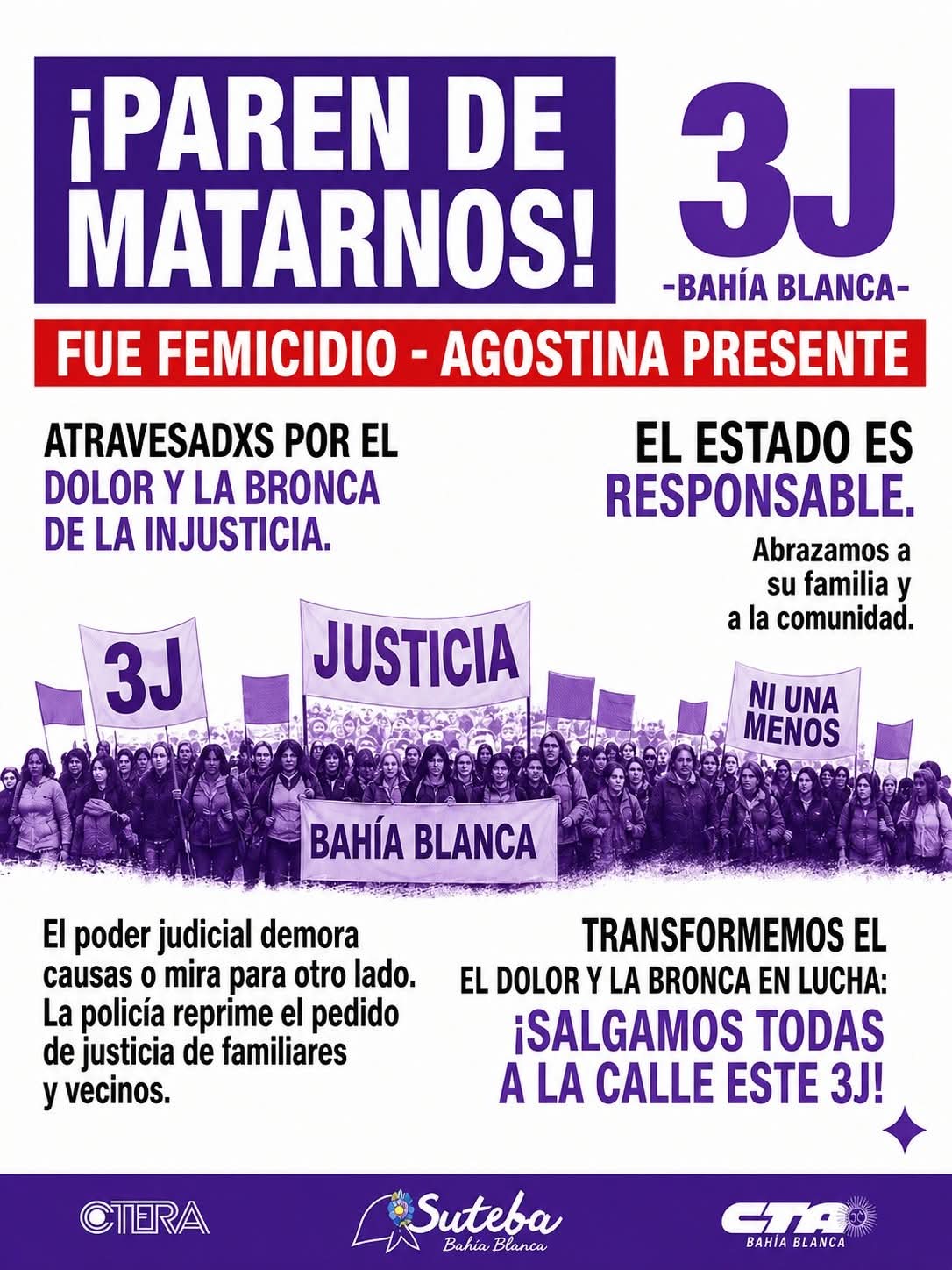 3J: SUTEBA Bahía Blanca reclamó justicia por Agostina en el marco de Ni Una Menos