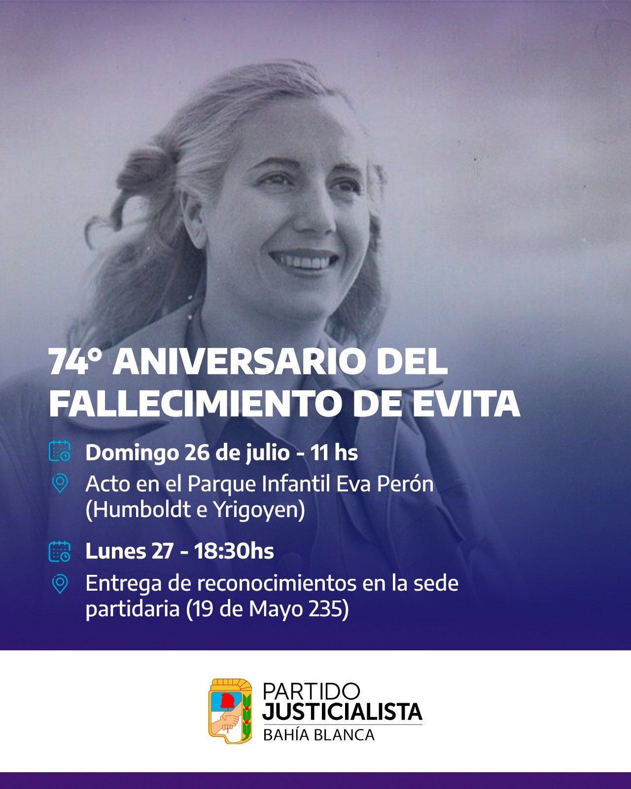 El Partido Justicialista recordará a Eva Perón a 74 años de su fallecimiento